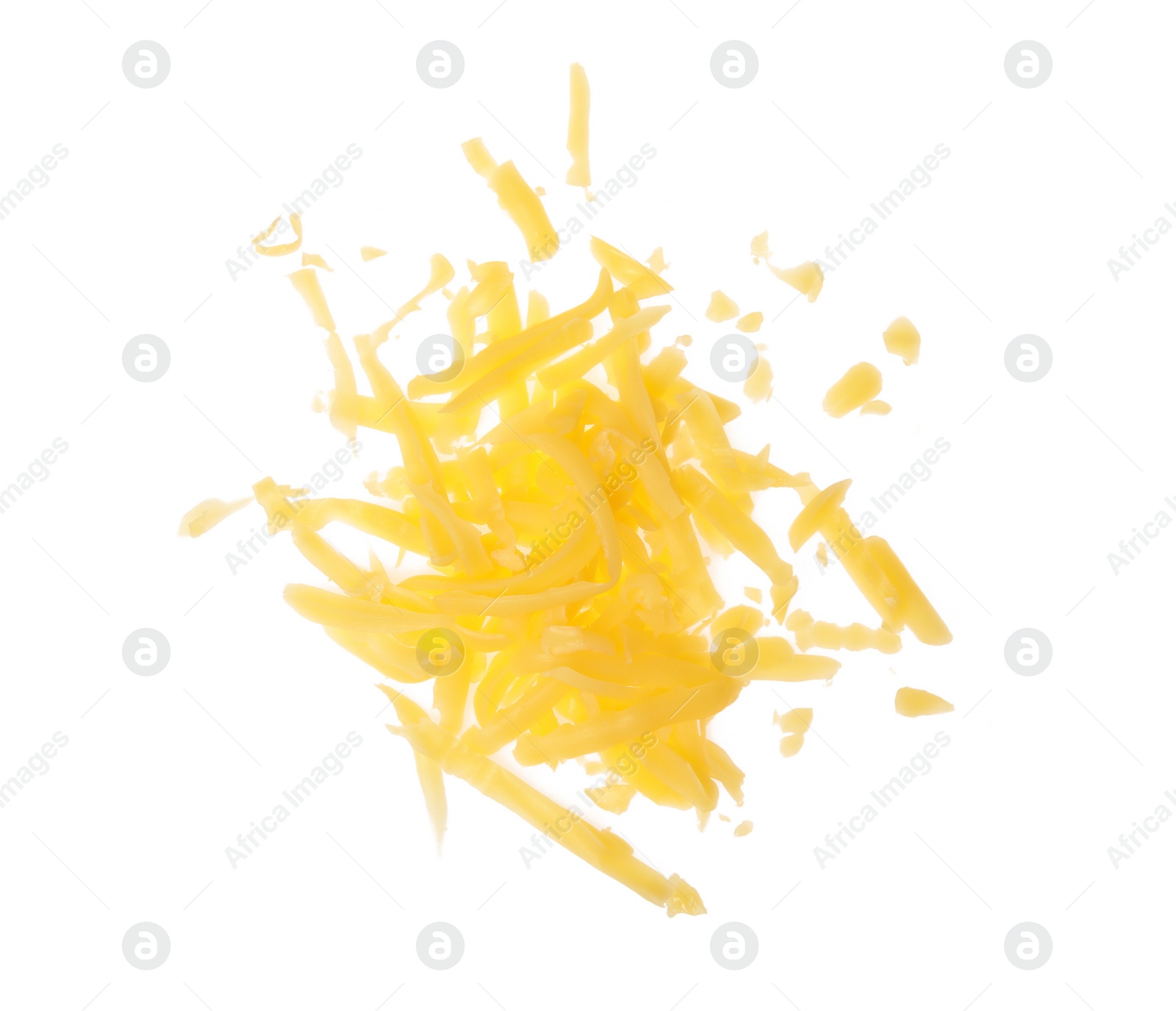 Photo of Pile of grated cheese on white background