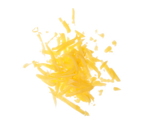 Photo of Pile of grated cheese on white background