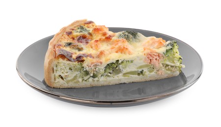 Piece of delicious homemade quiche with salmon and broccoli isolated on white