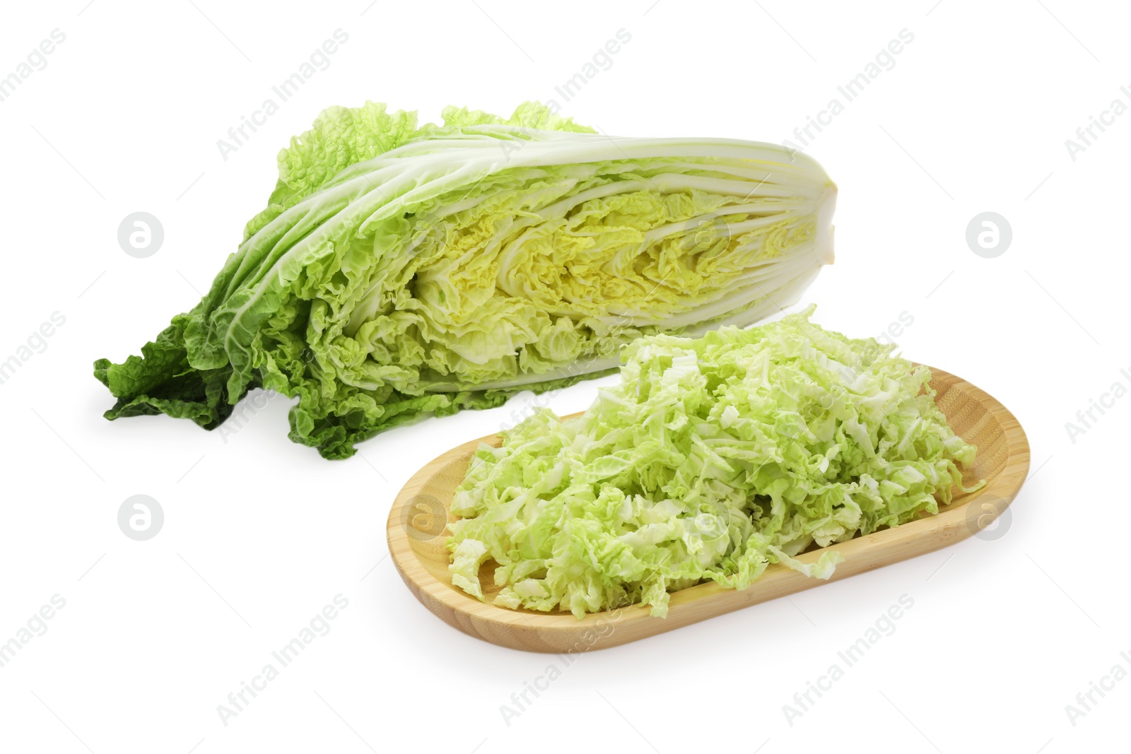 Photo of Cut fresh ripe Chinese cabbages on white background