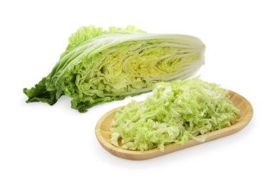 Photo of Cut fresh ripe Chinese cabbages on white background