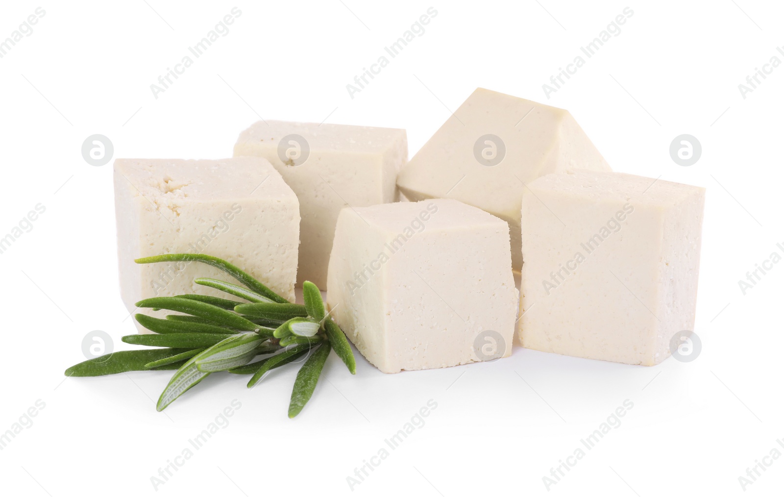 Photo of Delicious tofu and rosemary on white background