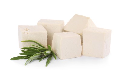 Photo of Delicious tofu and rosemary on white background