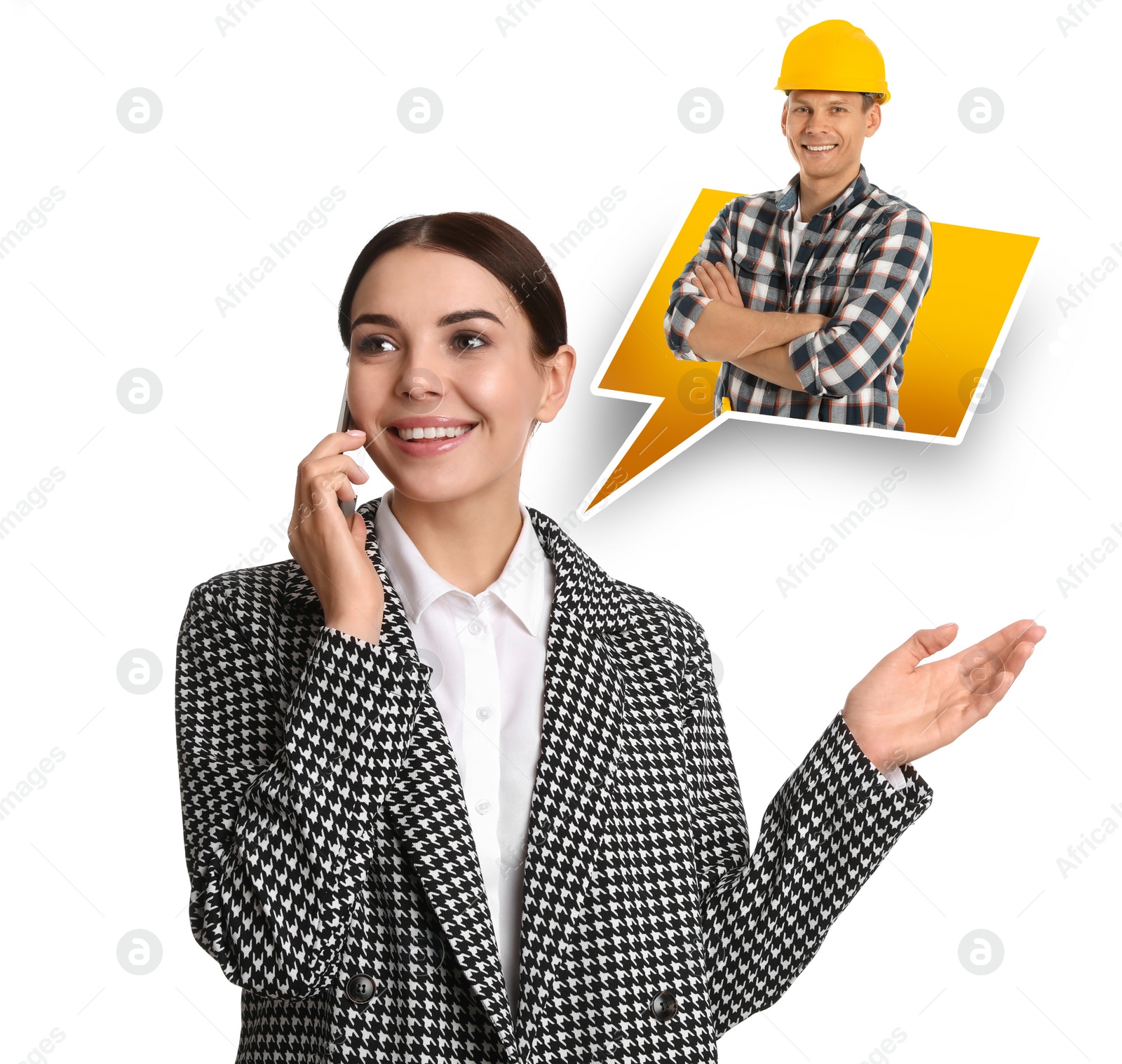 Image of Young woman calling professional repairman on white background