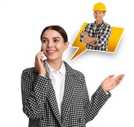 Young woman calling professional repairman on white background