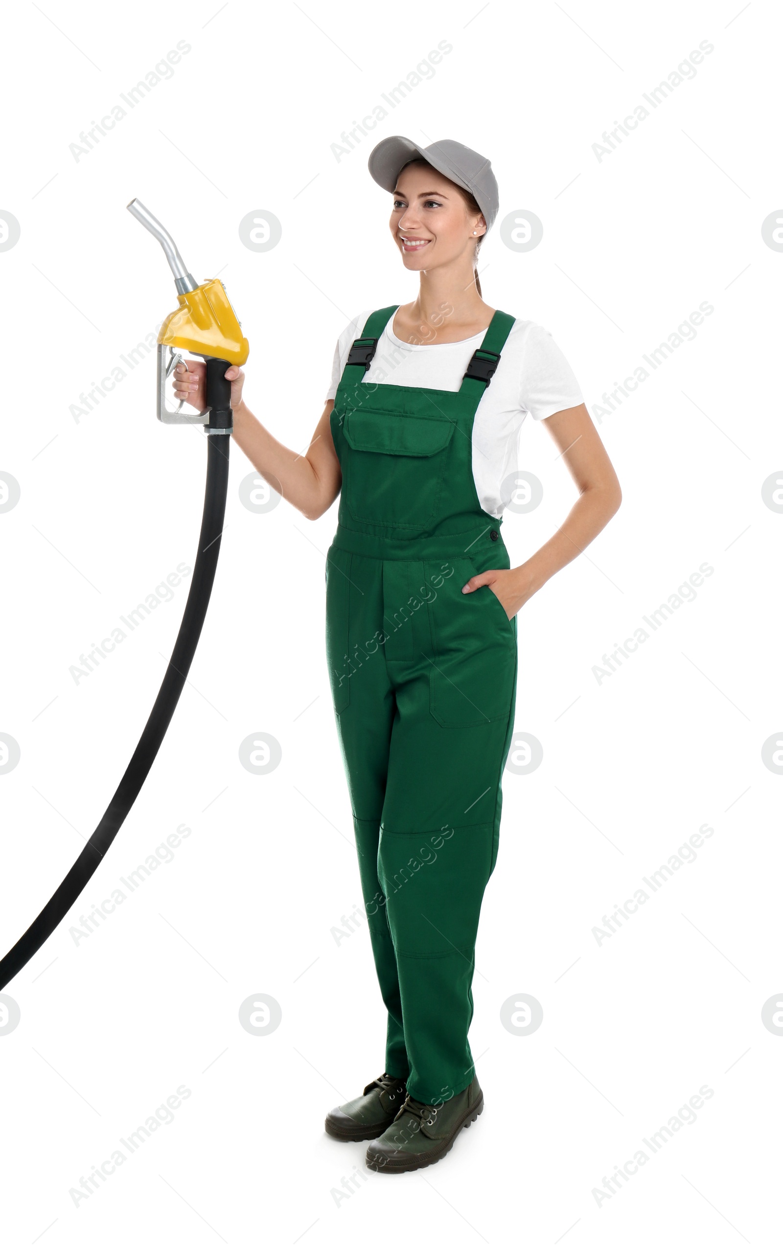 Photo of Gas station worker with fuel nozzle on white background