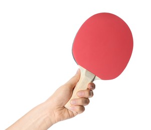 Woman holding ping pong racket on white background, closeup