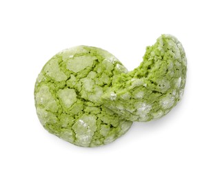 Photo of Whole and piece of tasty matcha cookie isolated on white, top view