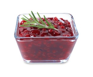 Fresh cranberry sauce and rosemary in glass bowl isolated on white