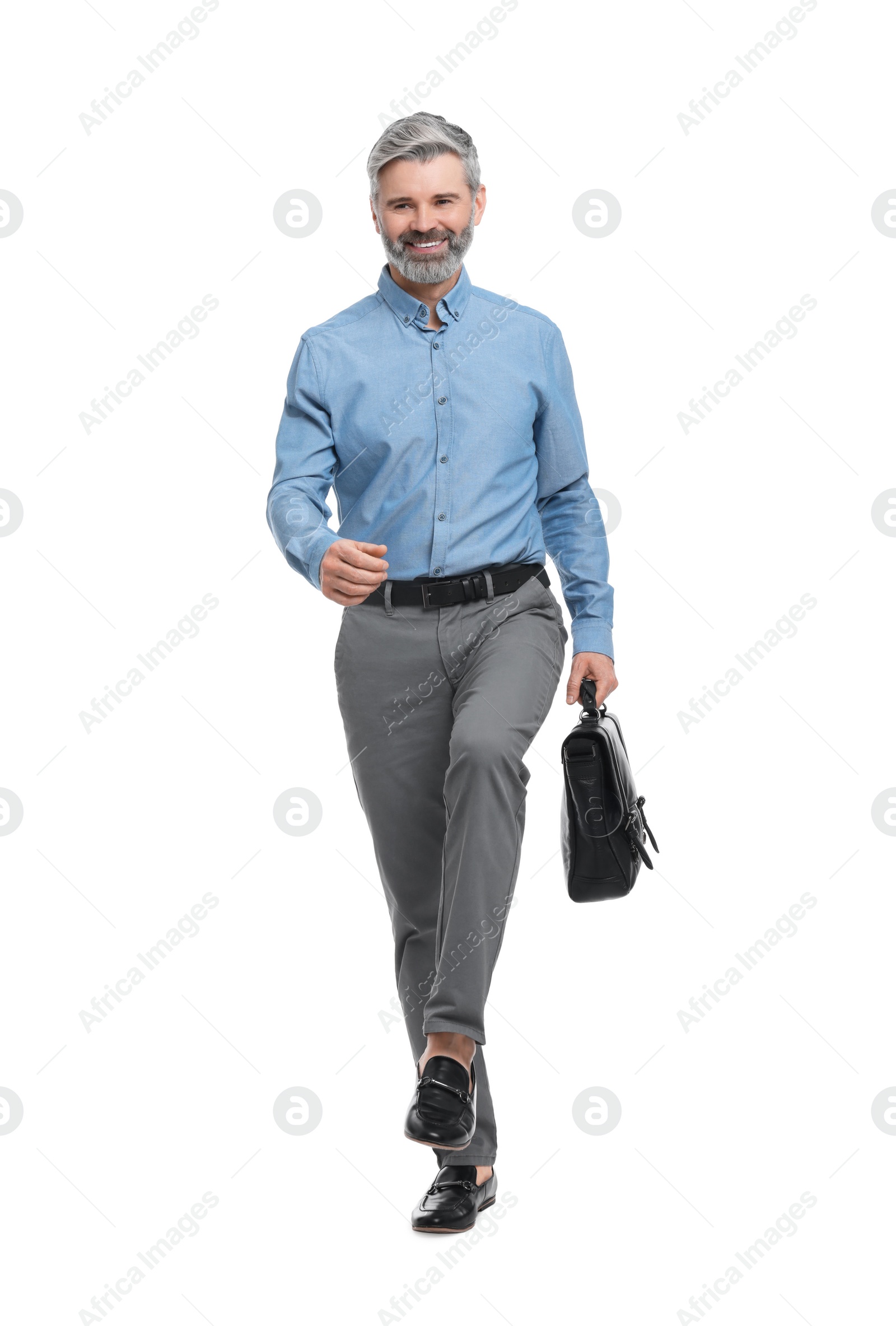 Photo of Mature businessman in stylish clothes with briefcase on white background