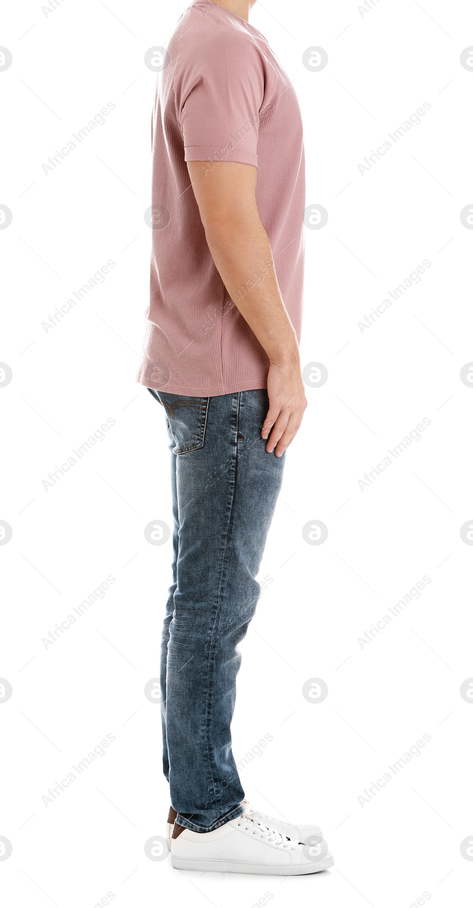 Photo of Young man on white background, closeup. Weight loss