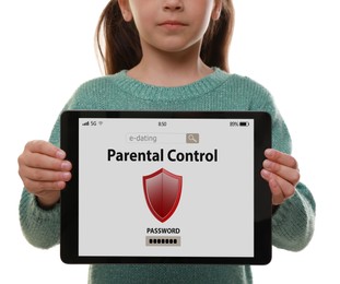 Photo of Child holding tablet with installed parental control app on white background, closeup. Cyber safety