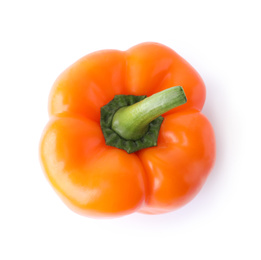 Photo of Ripe orange bell pepper isolated on white, top view