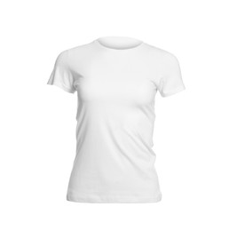 Photo of Mannequin with stylish women's t-shirt isolated on white. Mockup for design