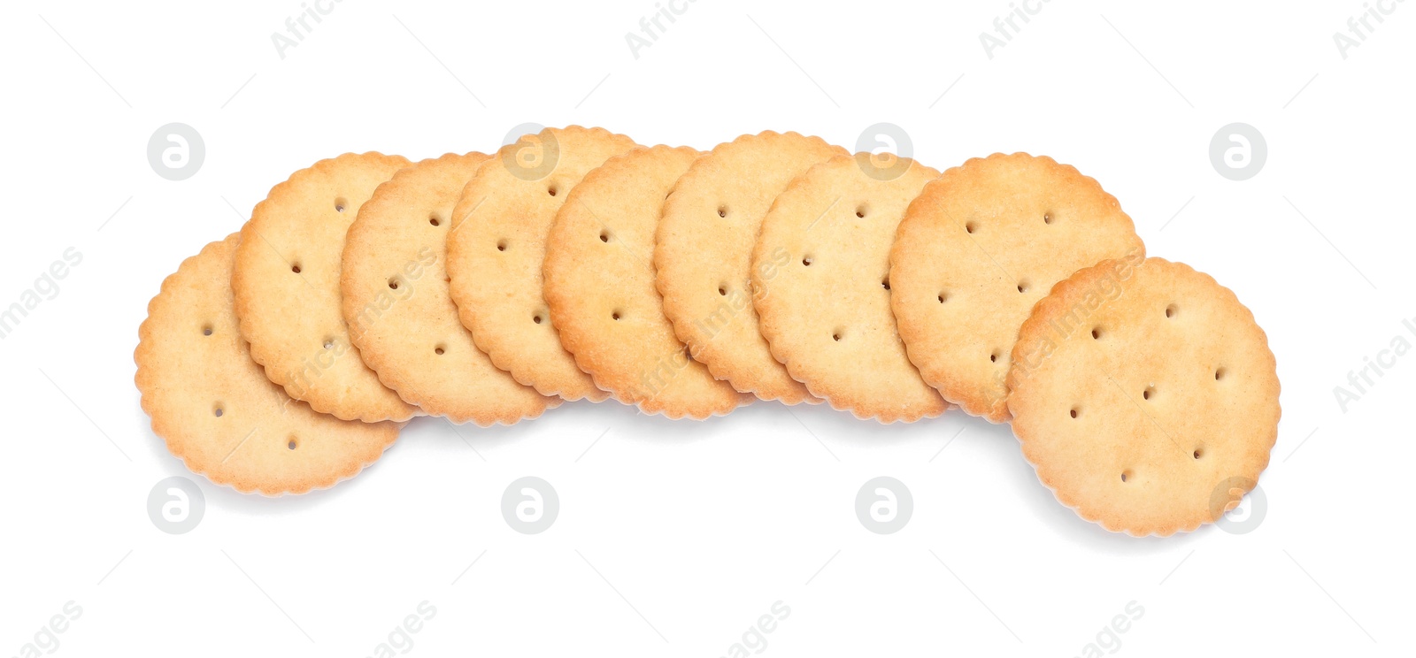 Photo of Many crispy crackers isolated on white, top view. Delicious snack