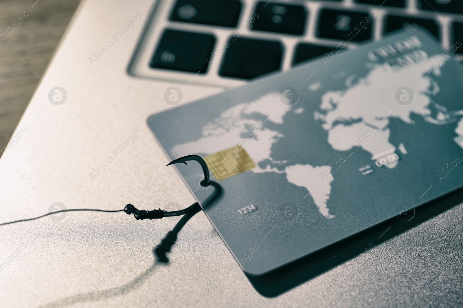 Photo of Fishing hook with credit card and laptop on table, closeup. Cyber crime