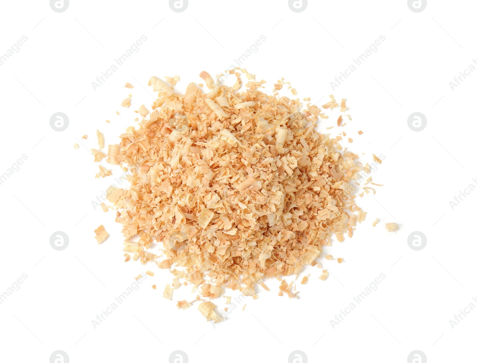 Photo of Pile of natural sawdust isolated on white, top view