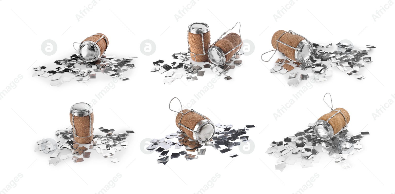 Image of Set with corks of sparkling wine bottles with muselet caps on white background. Banner design