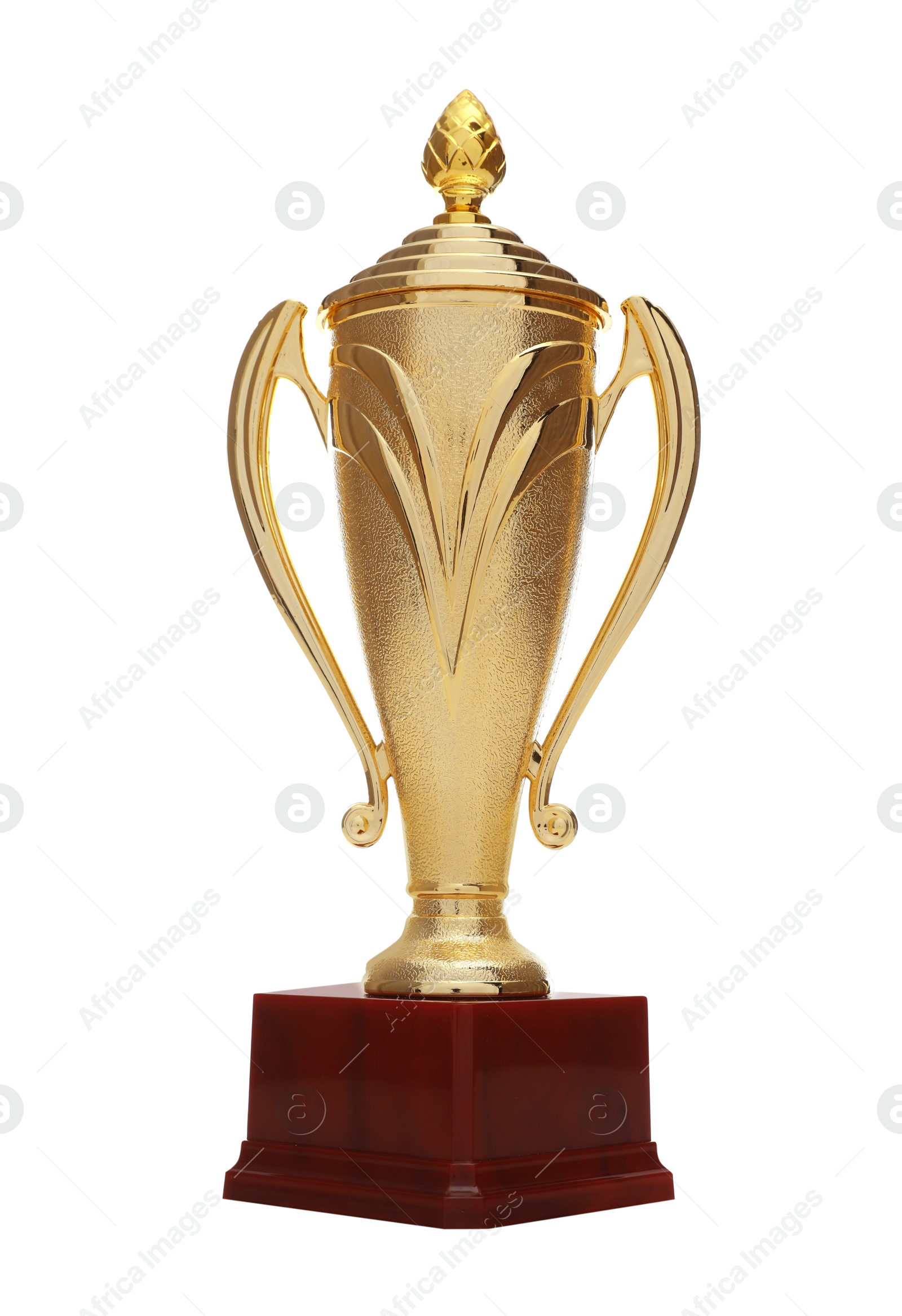 Photo of Golden trophy cup on white background. Victory concept
