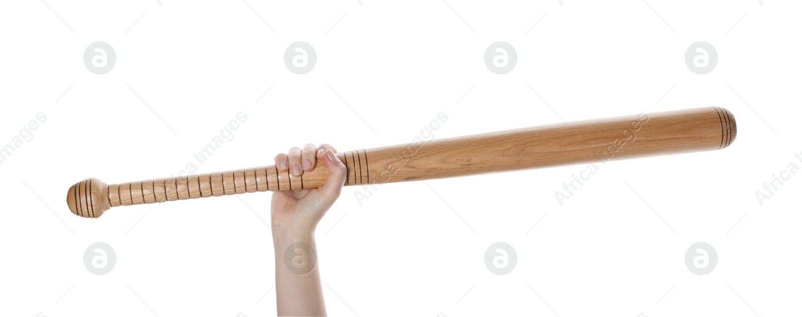 Photo of Woman holding baseball bat on white background, closeup