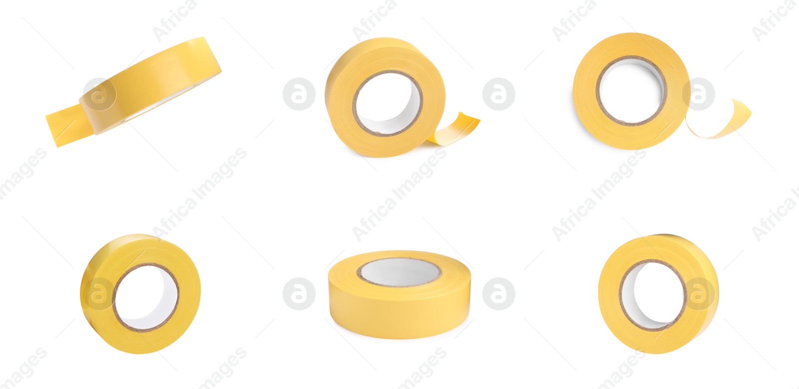 Image of Collage with yellow insulating tape on white background, different angles