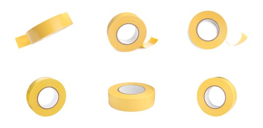 Image of Collage with yellow insulating tape on white background, different angles