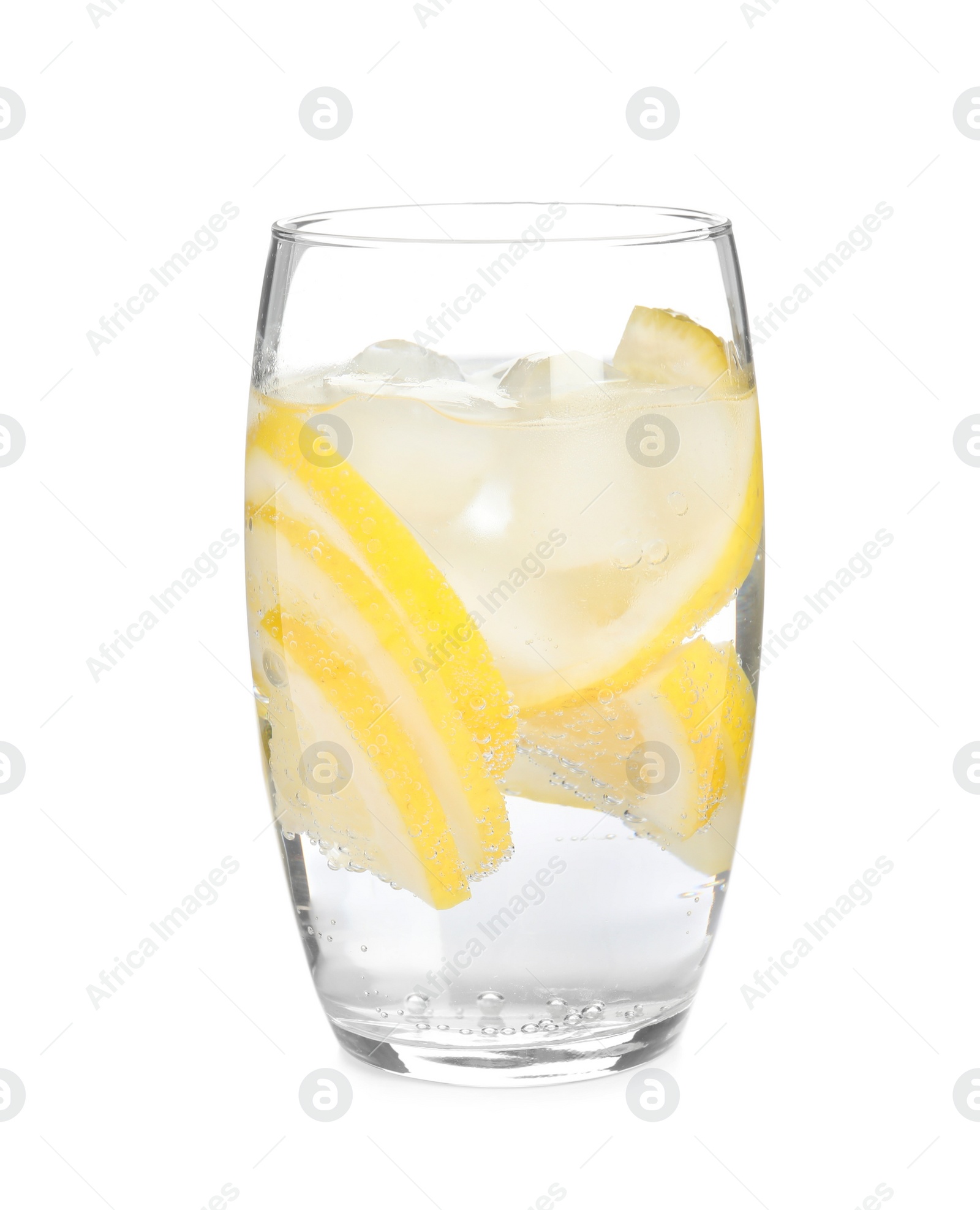 Photo of Soda water with lemon slices and ice cubes isolated on white