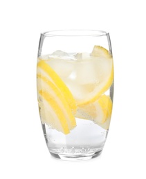 Soda water with lemon slices and ice cubes isolated on white