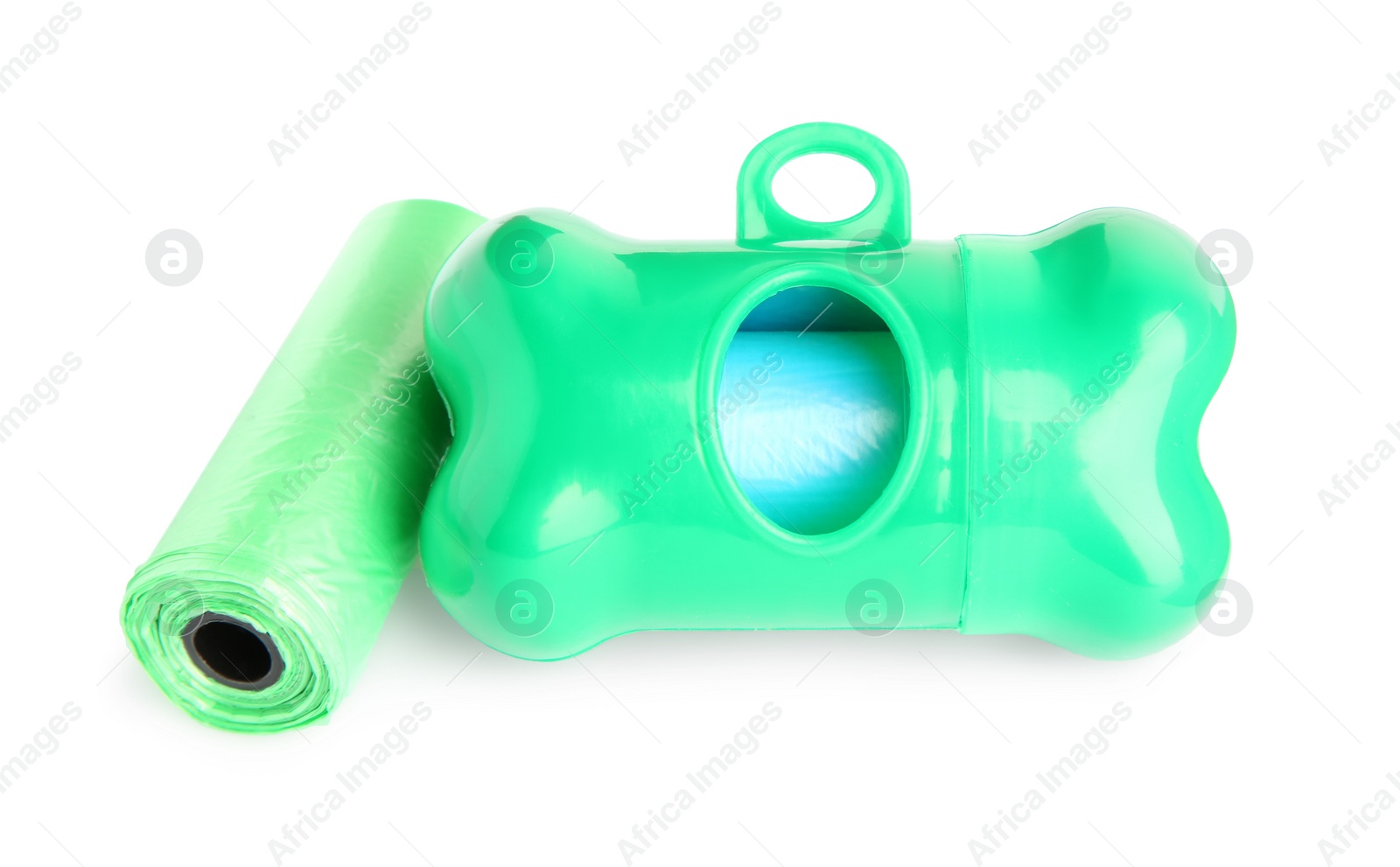 Photo of Rolls of dog poop bags and holder isolated on white