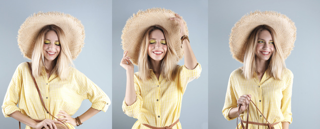 Collage of beautiful young woman posing on color background. Banner design 