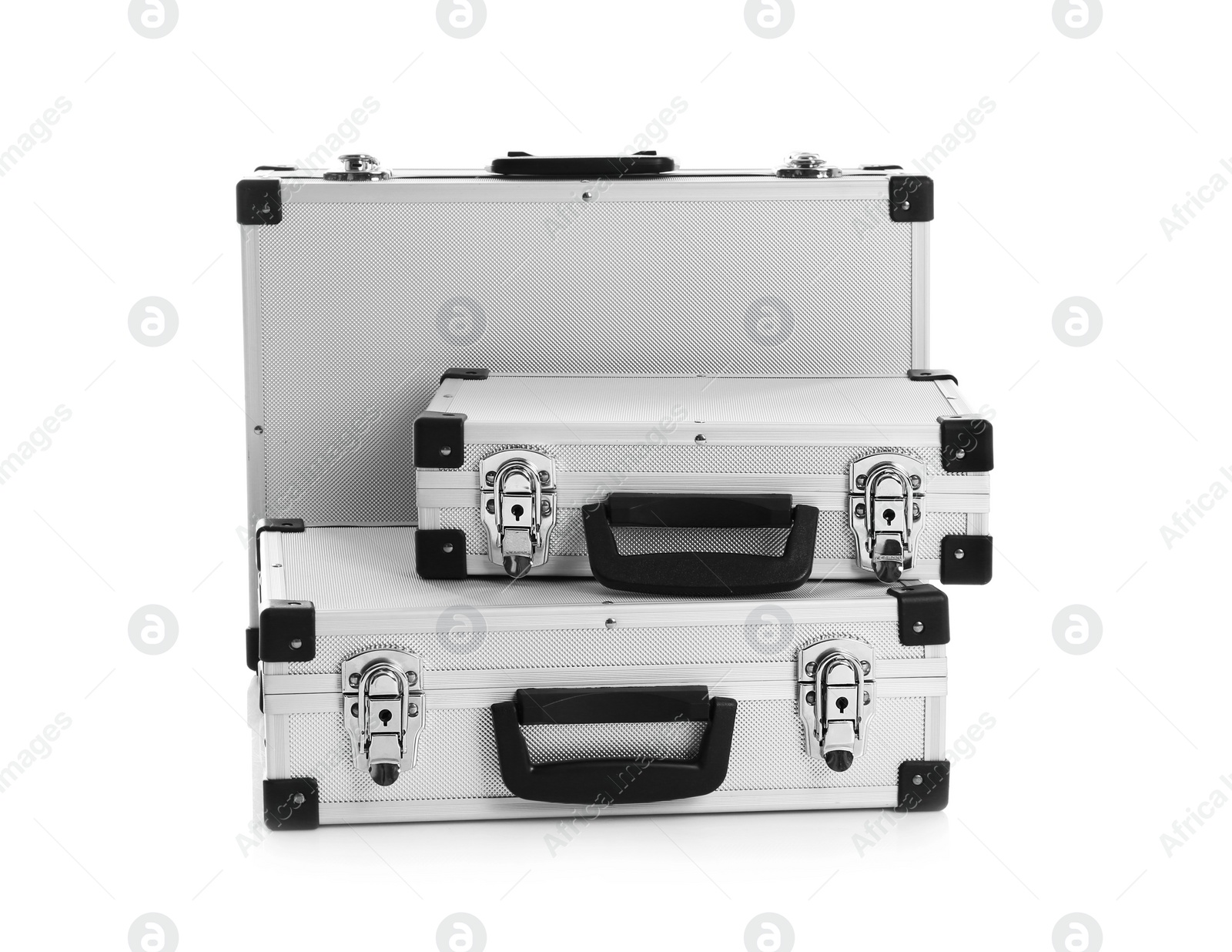 Photo of Set of modern suitcases on white background