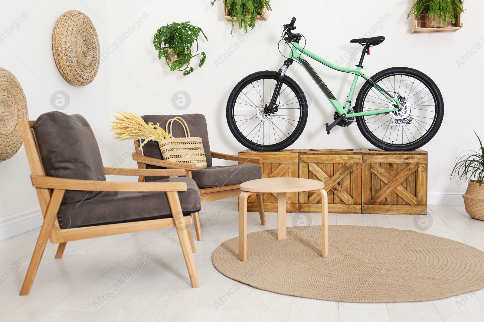 Photo of Modern bicycle and comfortable armchairs in stylish living room interior