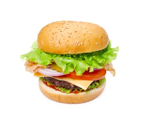 Photo of One delicious burger with beef patty and lettuce isolated on white