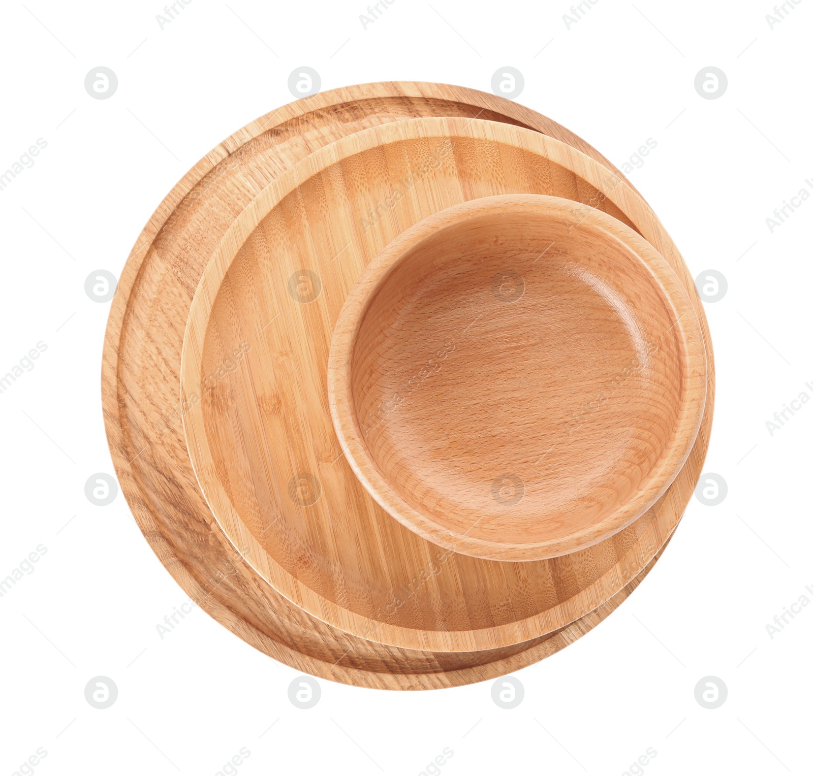 Photo of Empty clean wooden dishware isolated on white, top view