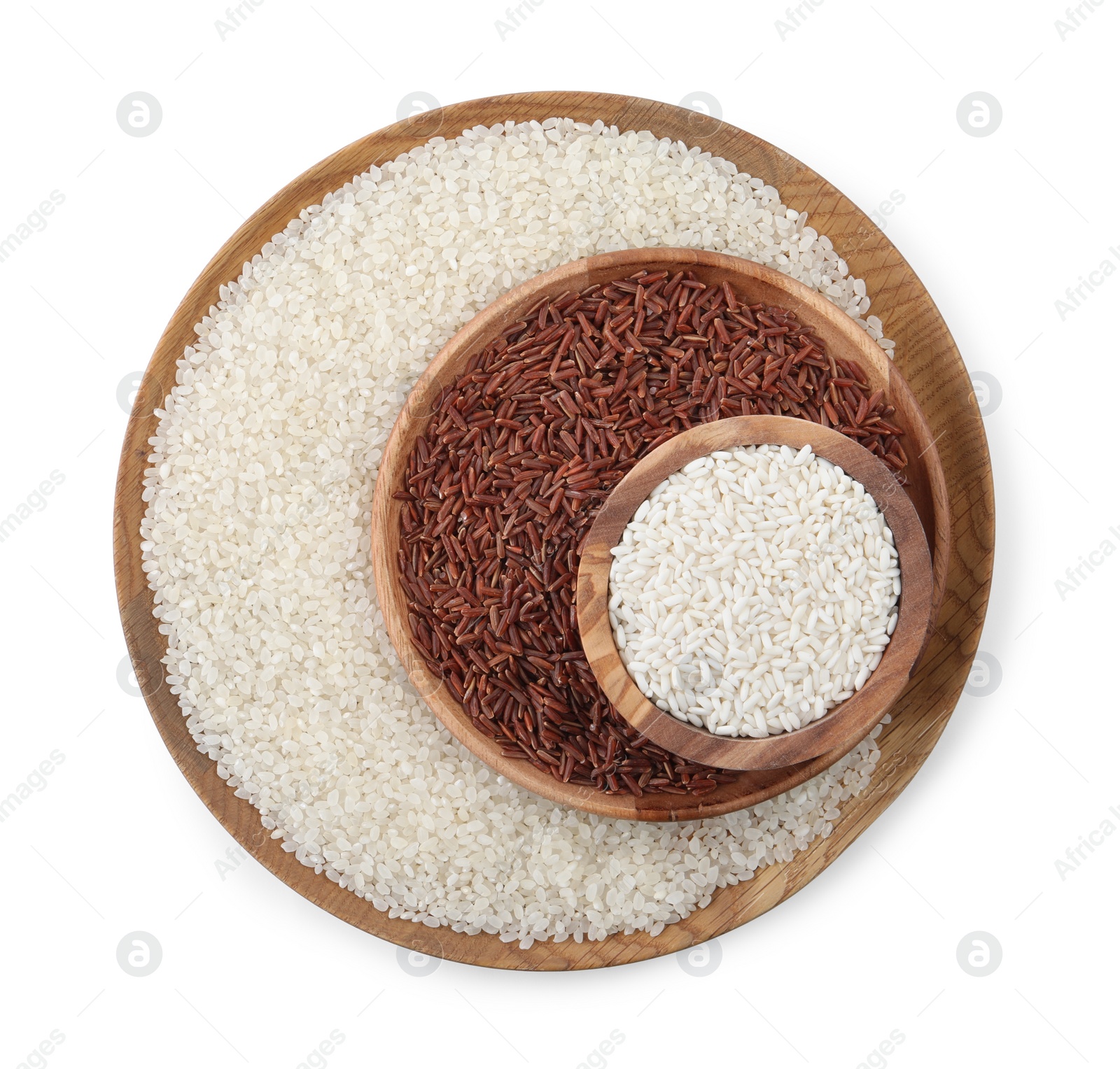 Photo of Dishes with different sorts of rice isolated on white, top view