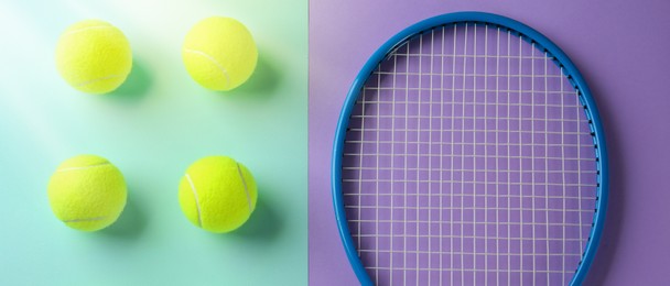 Tennis racket and balls on turquoise and violet background, flat lay. Banner design