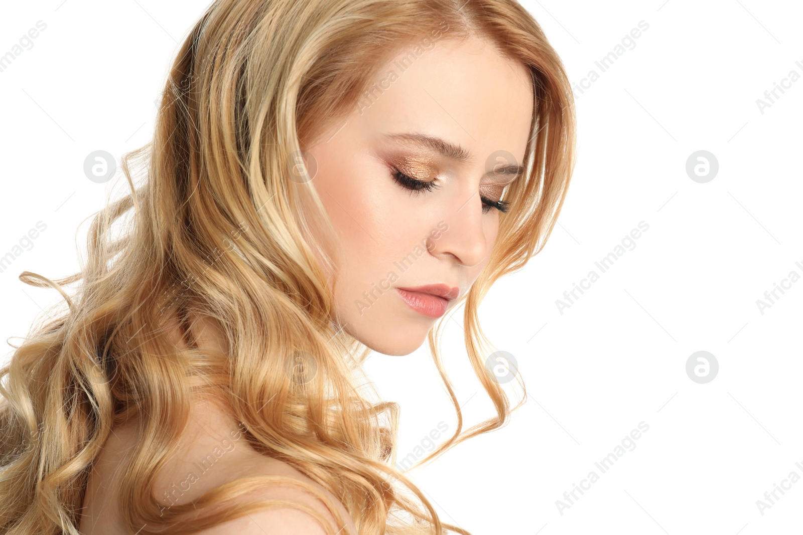 Photo of Portrait of beautiful woman with long blonde hair on white background