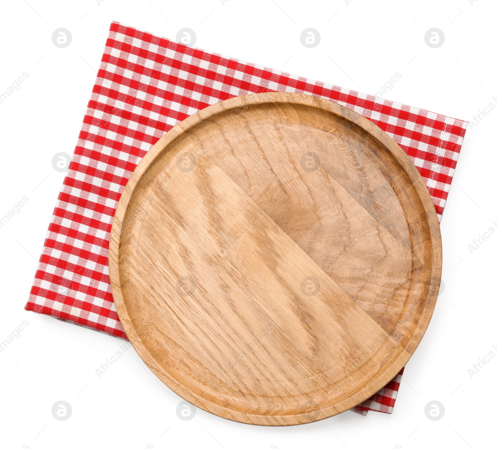 Photo of Empty wooden board and checkered napkin isolated on white, top view