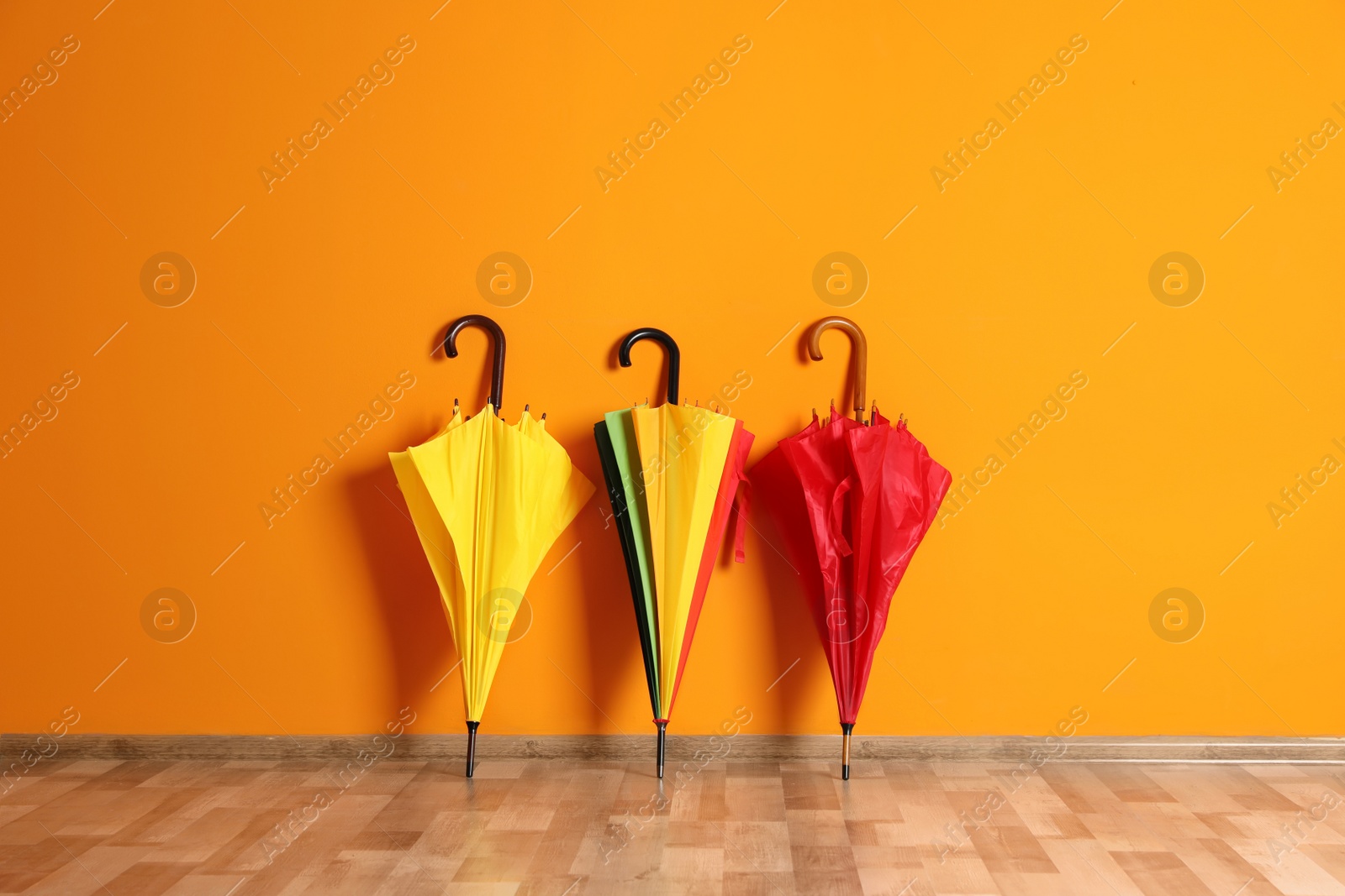 Photo of Beautiful umbrellas on floor near color wall