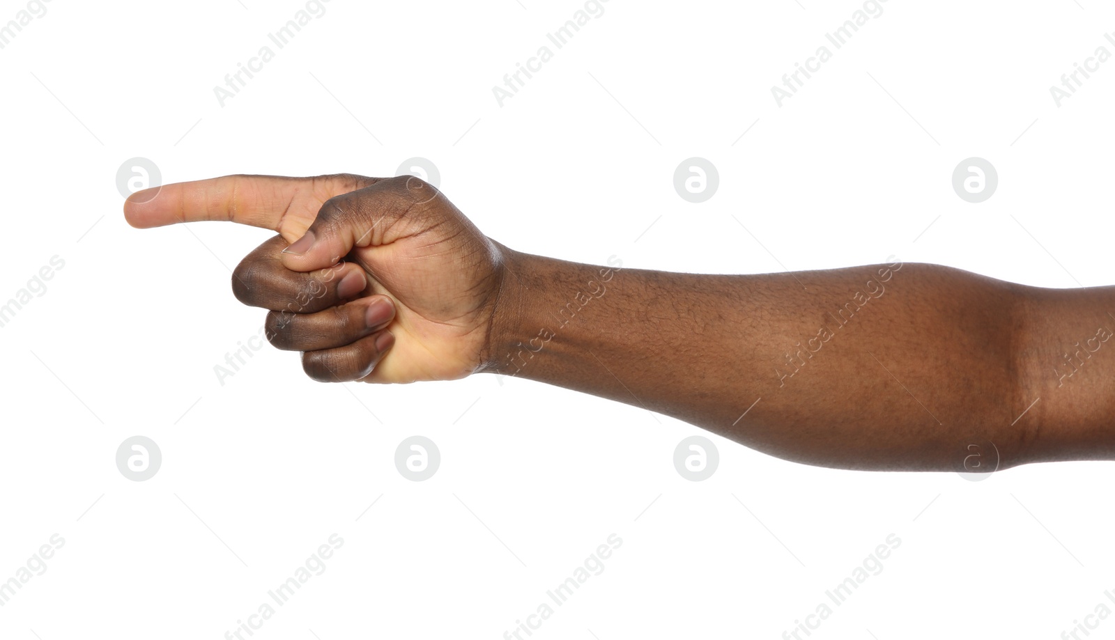 Photo of African-American man pointing at something on white background, closeup