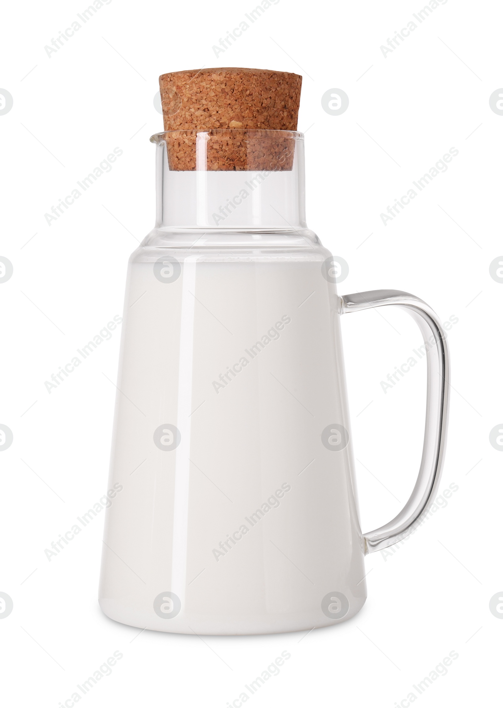 Photo of Glass carafe of fresh milk isolated on white