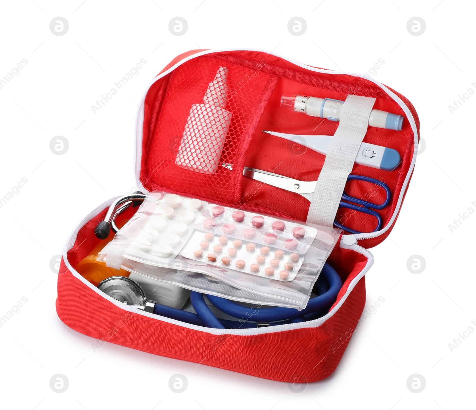 Photo of First aid kit on white background. Health care