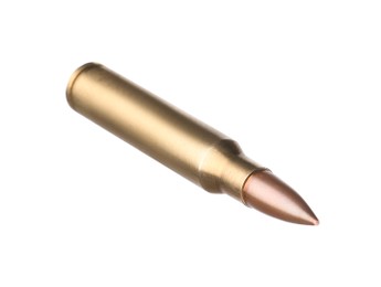 Photo of Rifle cartridge isolated on white. Firearm ammunition