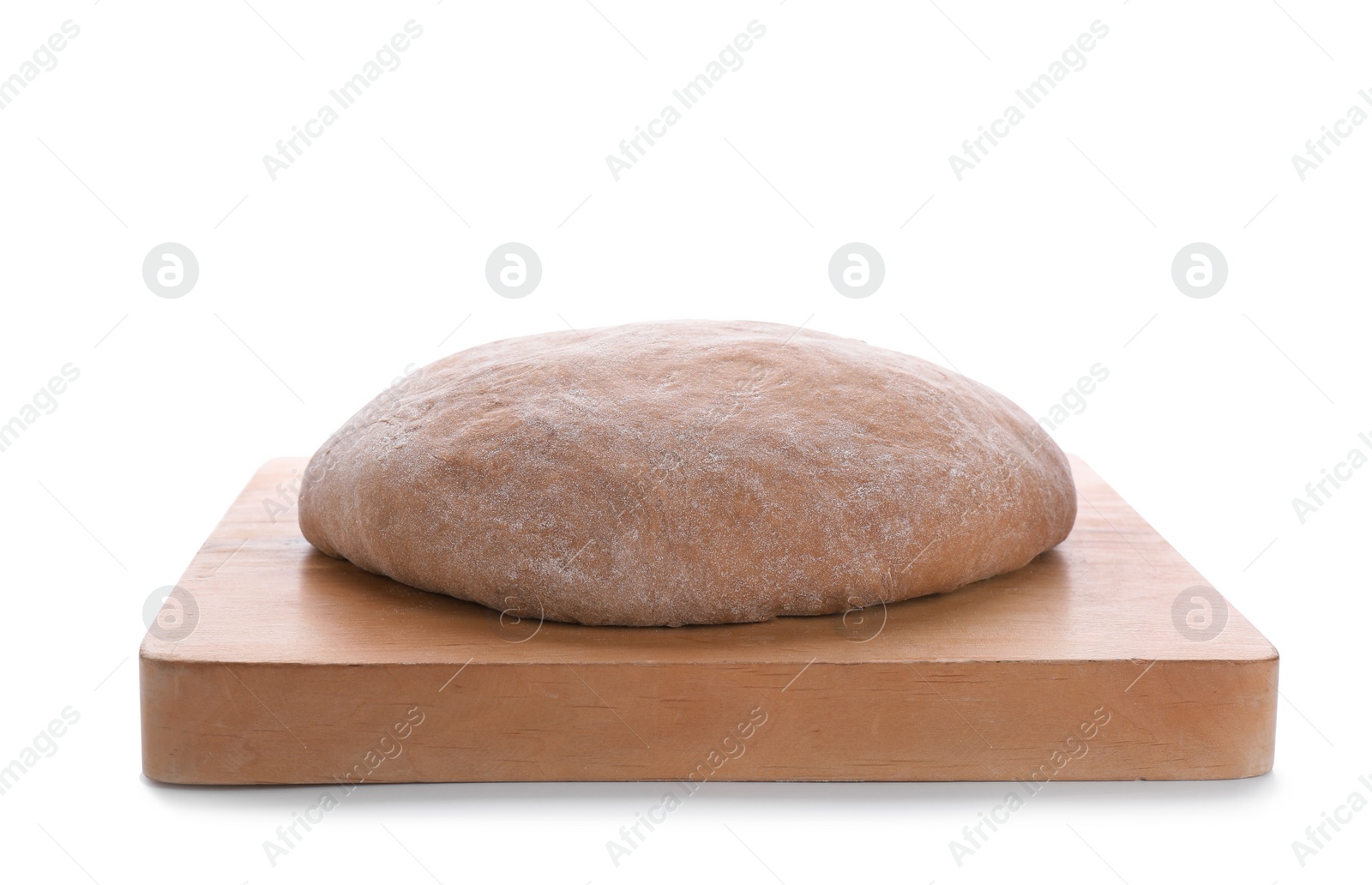 Photo of Wooden board with raw rye dough on white background