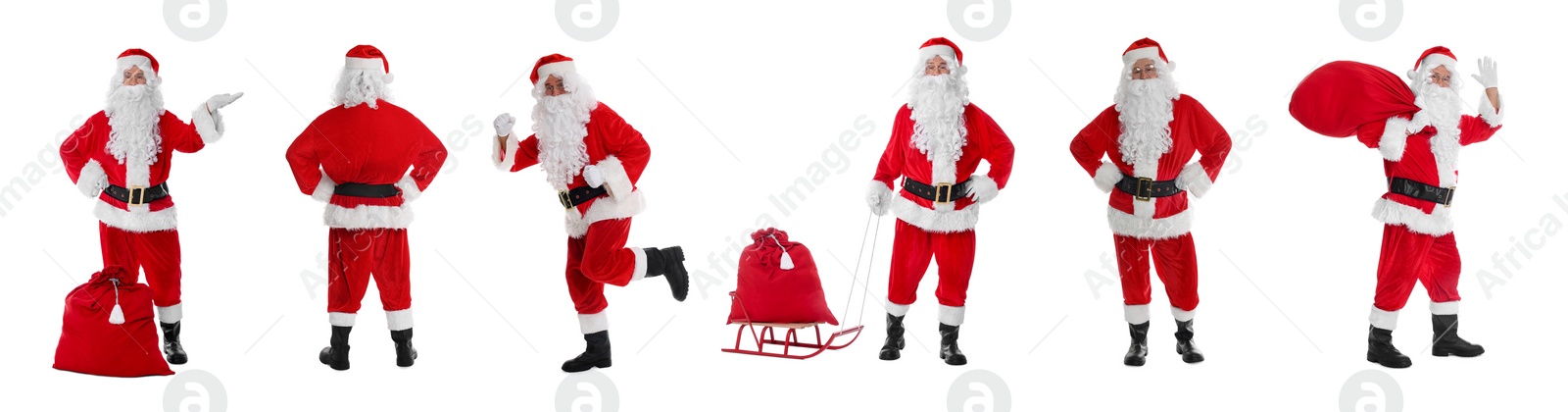 Image of Santa Claus on white background, set of photos. Christmas celebration