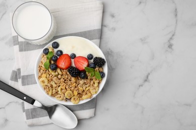 Photo of Tasty oatmeal, yogurt and fresh berries served on white marble table, flat lay with space for text. Healthy breakfast