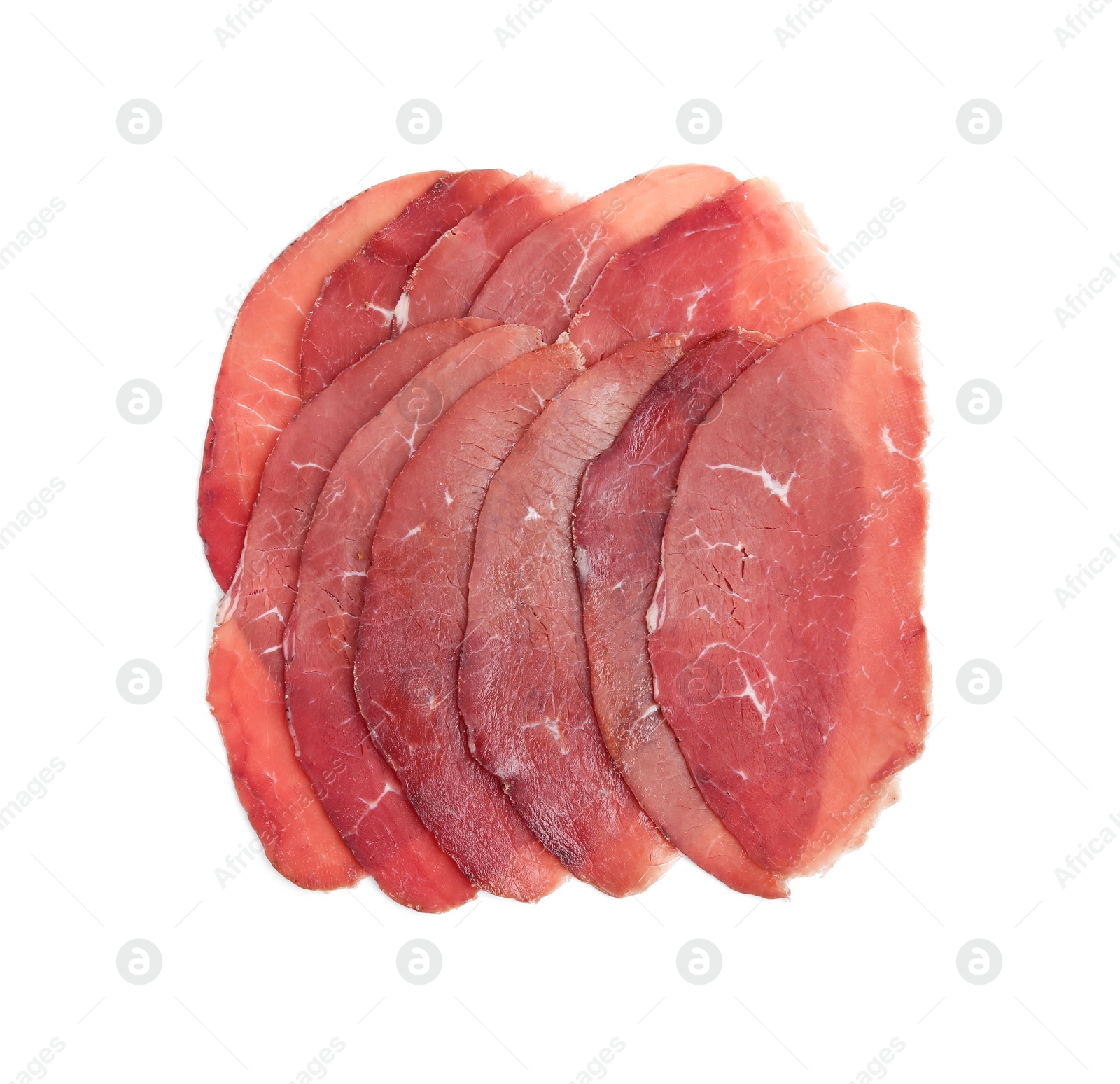 Photo of Slices of tasty bresaola isolated on white, top view