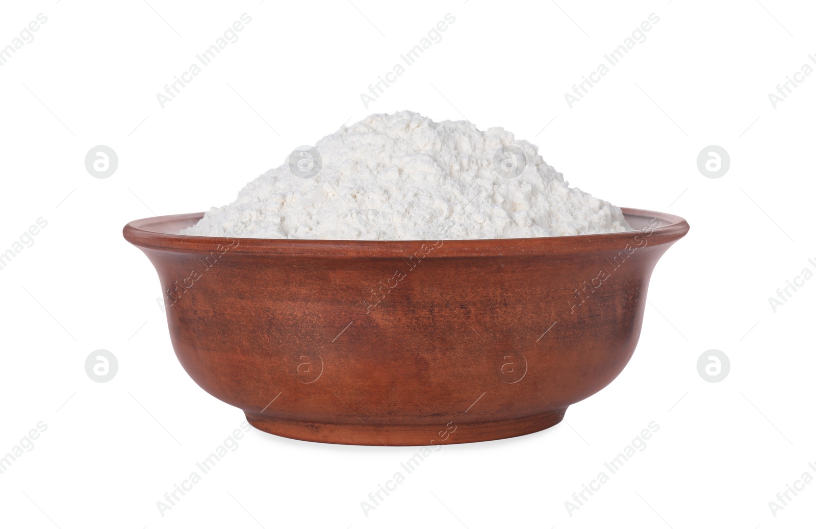 Photo of Fresh flour in wooden bowl isolated on white