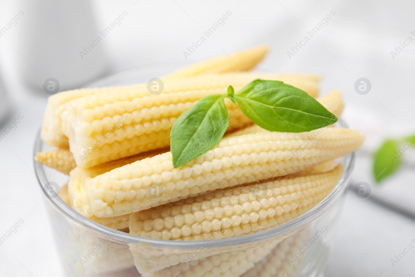 Photo of Canned baby corns with basil on white table, closeup