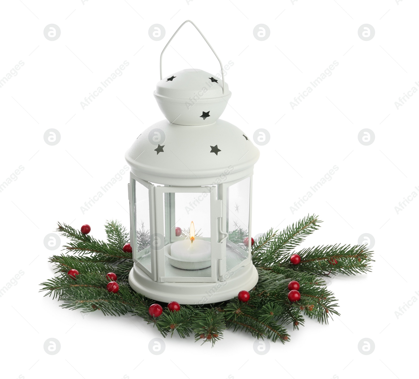 Photo of Decorative Christmas lantern and coniferous twigs on white background